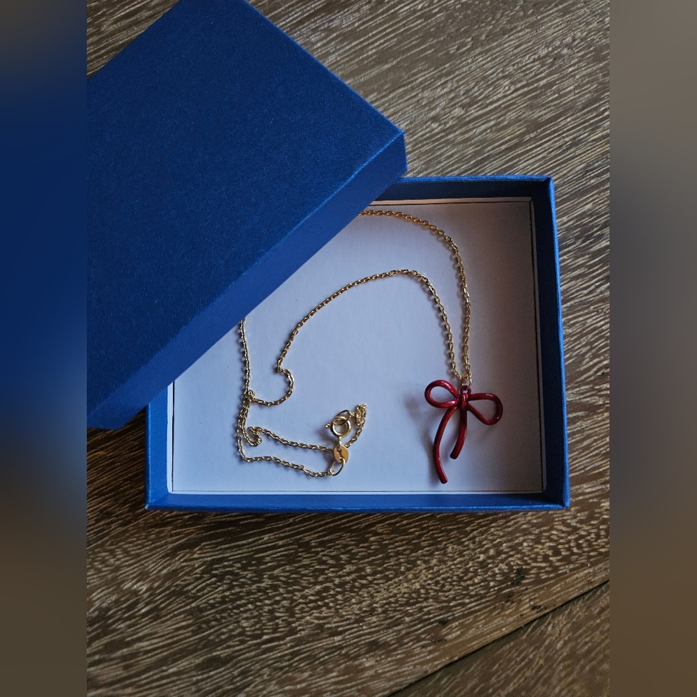 Handmade Red Enamel Bow Necklace on 18k Gold Plated 16" Chain